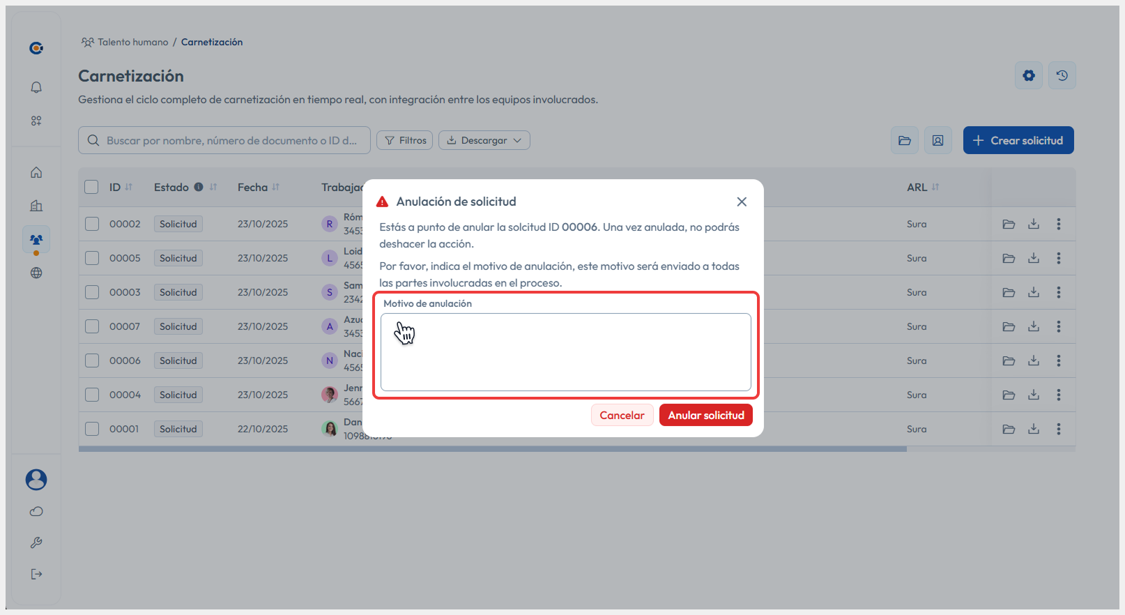 Visualización de modal de Anulación