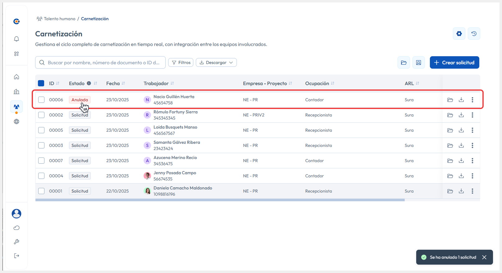 Vista de Carnetización con registro anulado