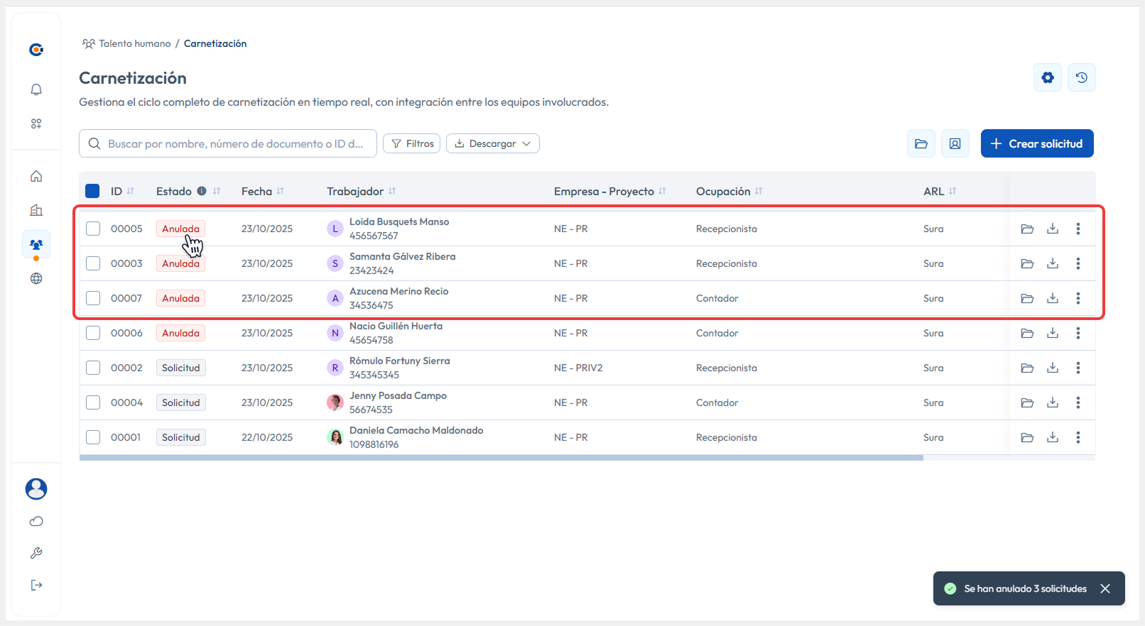 Vista de Carnetización con los registros anulados
