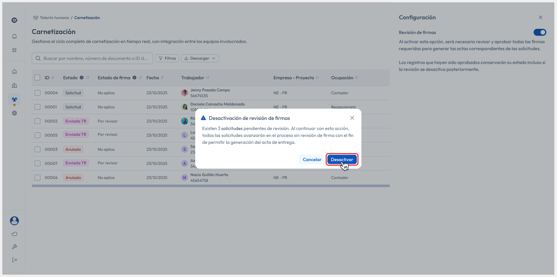 Ventana modal abierta para confirmar acción
