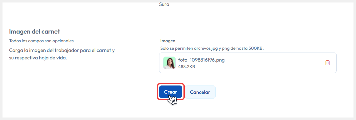 Vista de Crear solicitud,dando clic en el botón de Crear