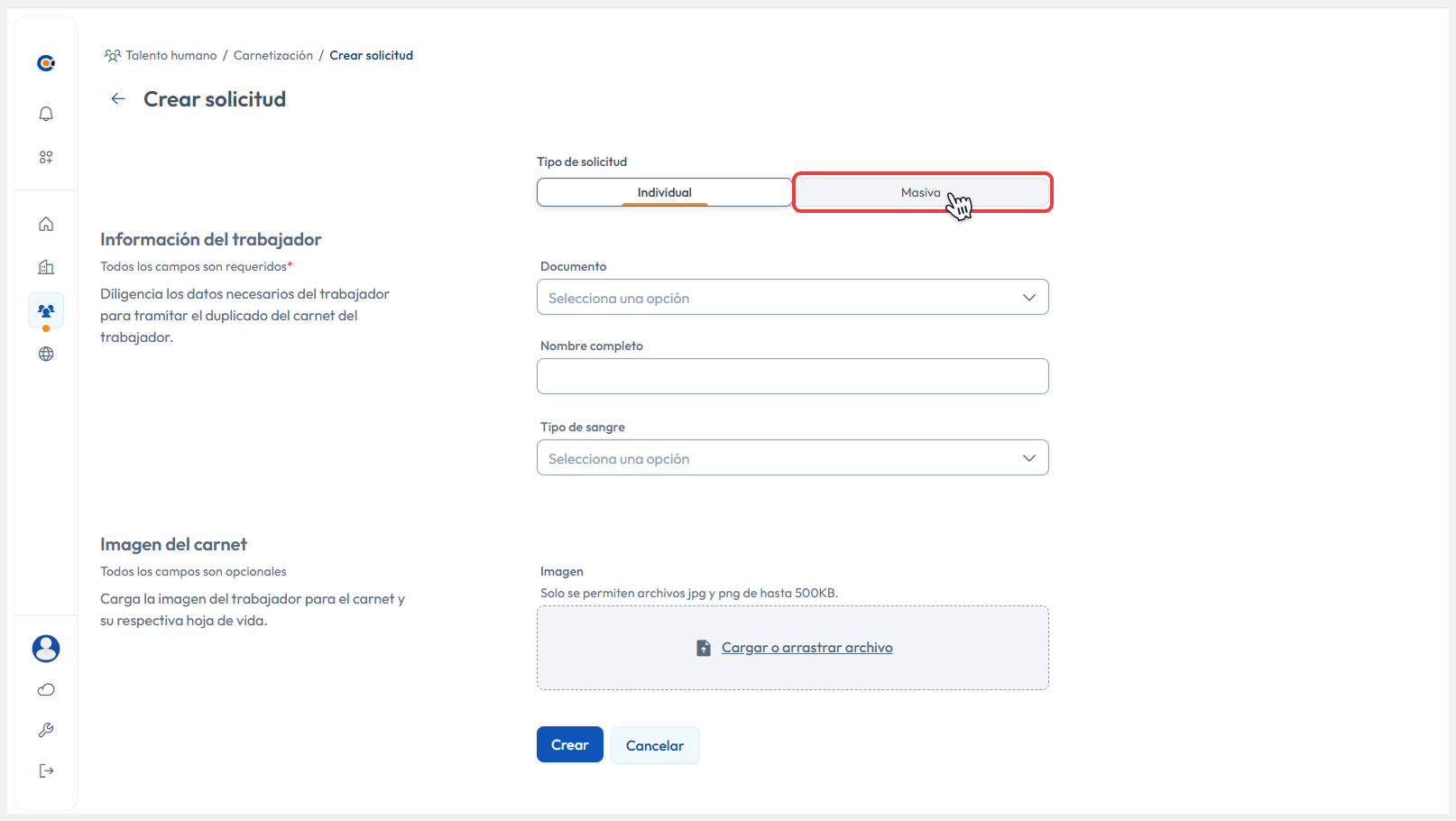 Vista de Crear solicitud, seleccionado Tipo de solicitud Masiva