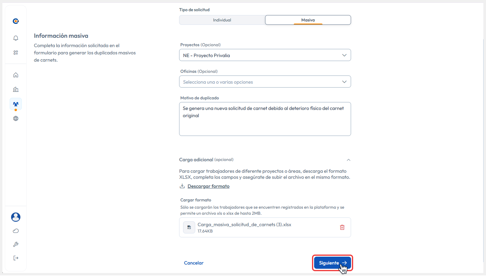 Vista principal apuntando al botón de Siguiente