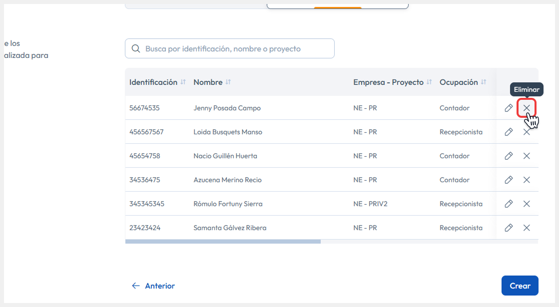 Vista de verificación apuntando al botón de Eliminar.