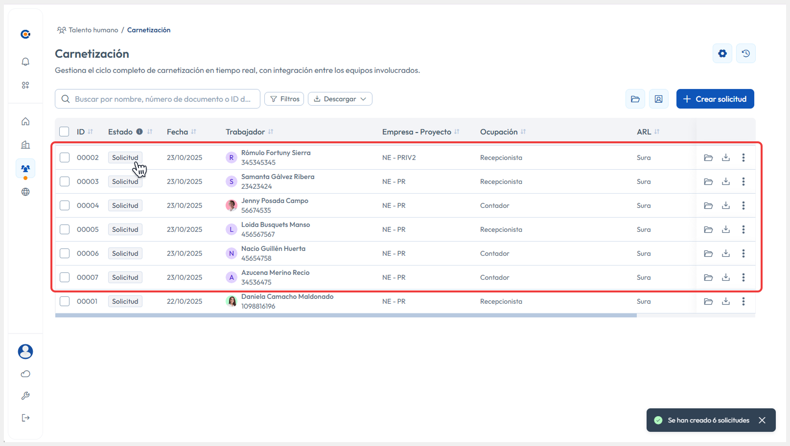 Vista de Carnetización con solicitudes creadas