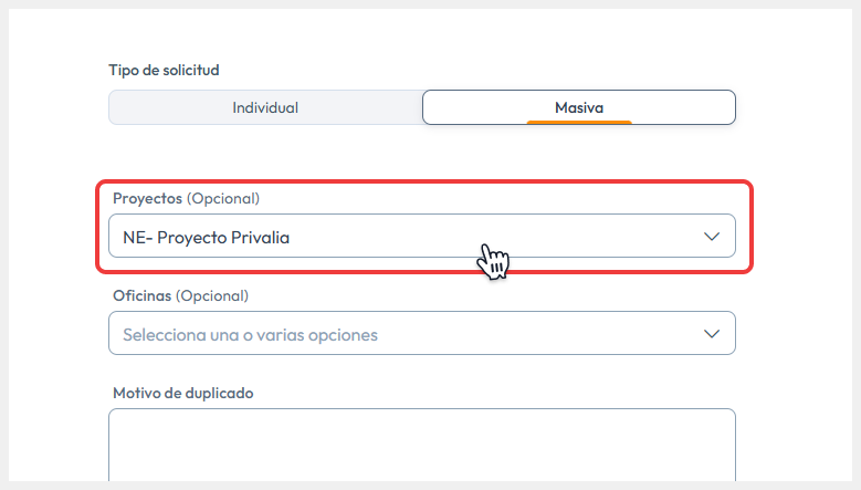 Vista de solicitud masiva resaltando el campo de Proyecto
