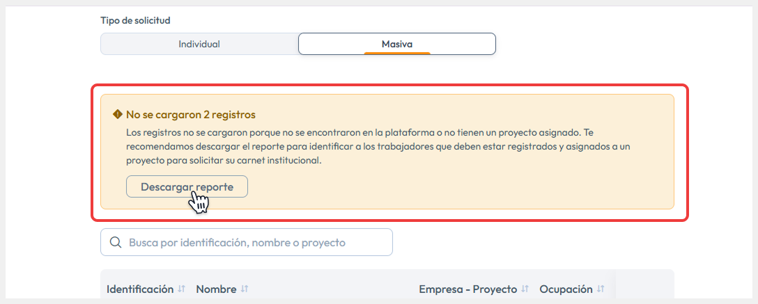Mensaje de advertencia por carga de trabajadores