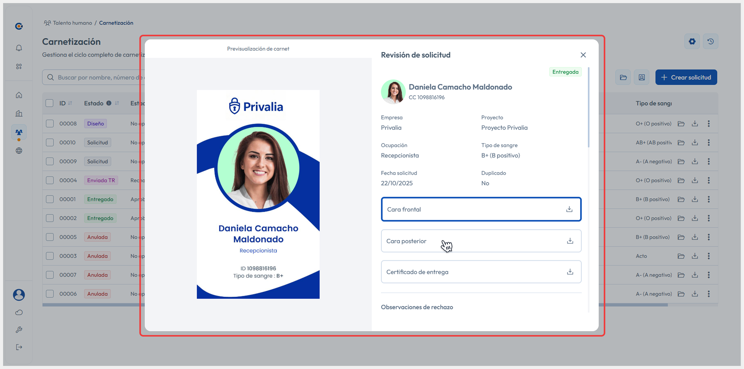 Ventana modal donde se visualiza el detalle