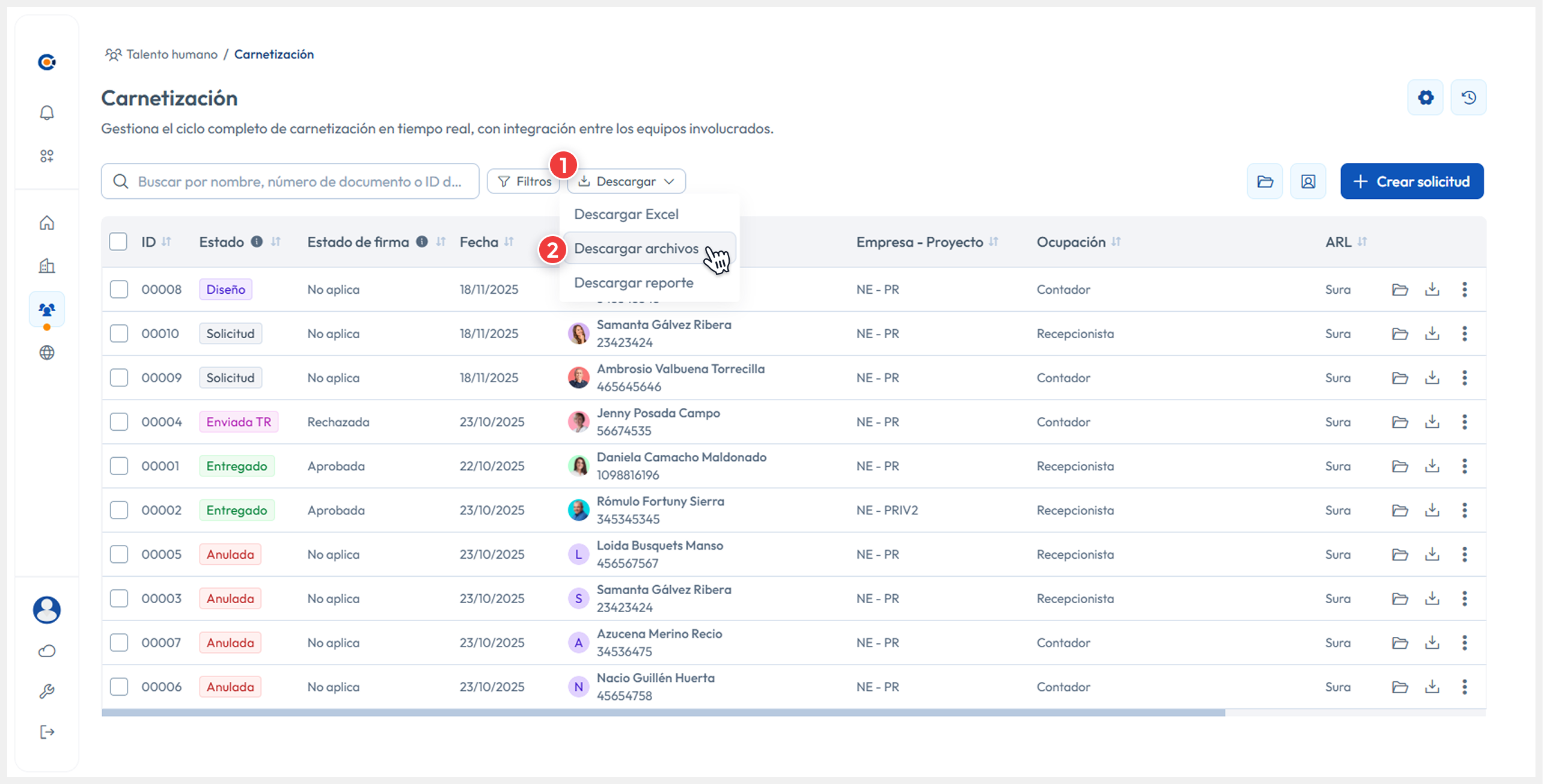 Vista de Carnetización señalando el botón de descargar