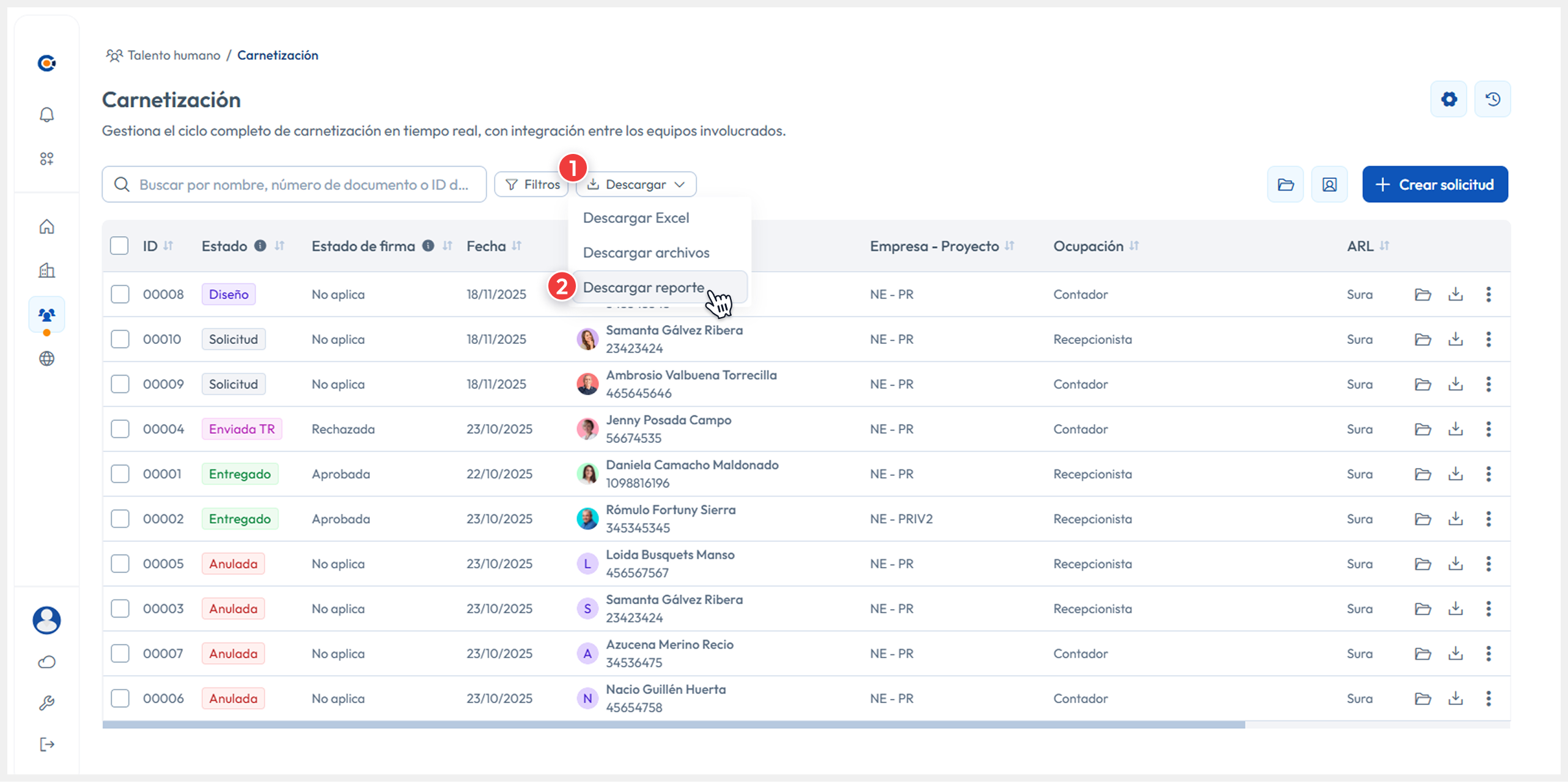Vista de Carnetización señalando el botón de descargar