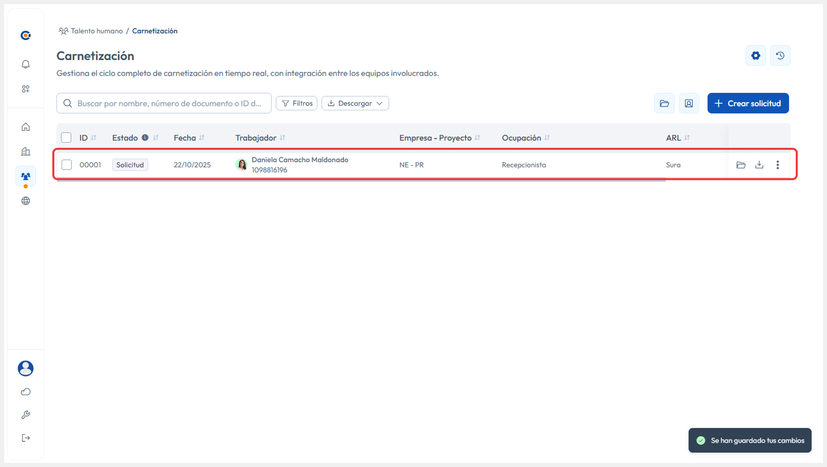 Vista del submódulo con el registro editado