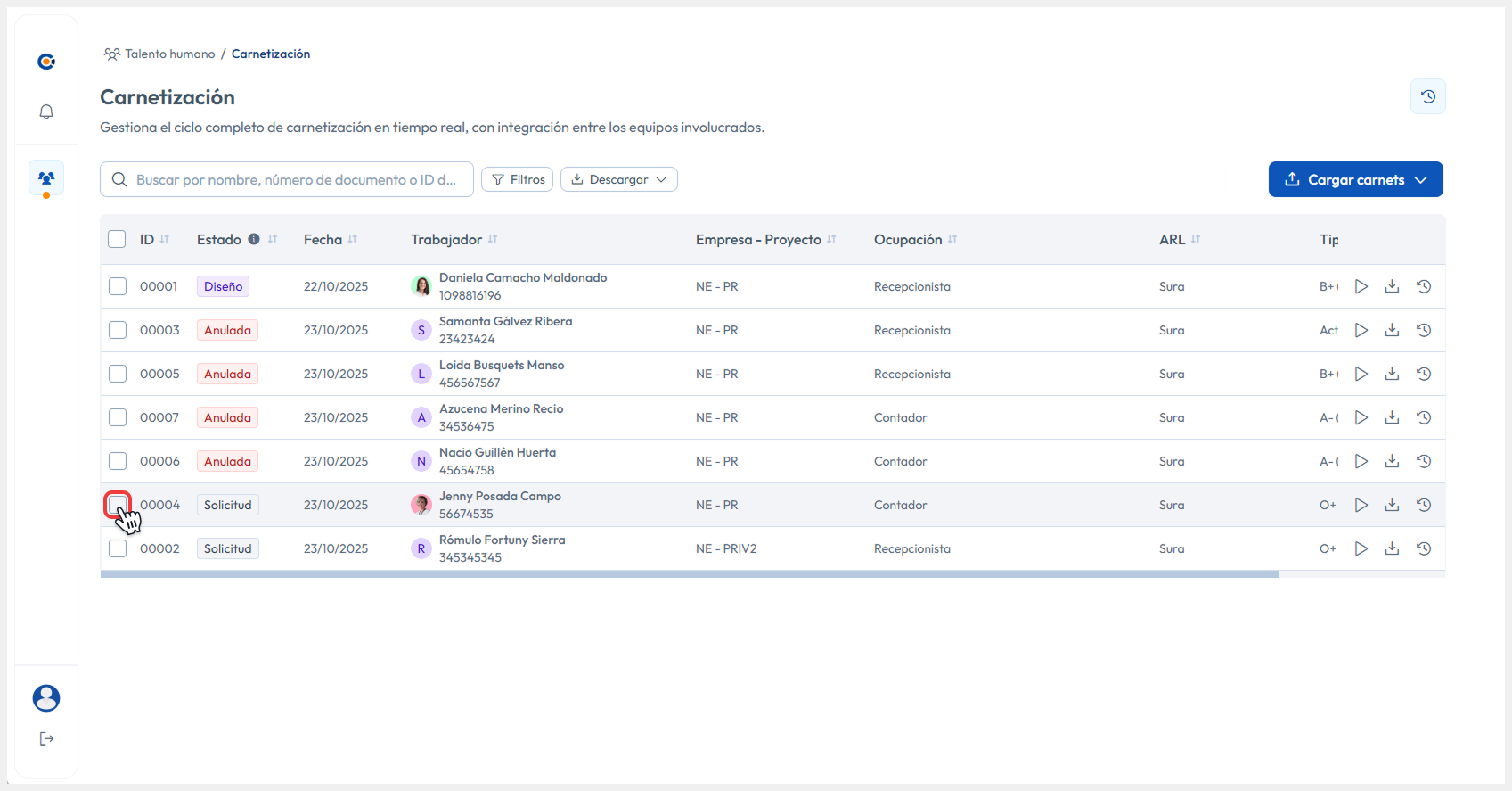 Vista de Carnetización señalando la casilla del registro