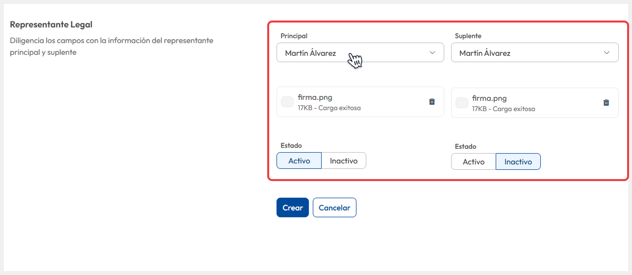 Vista de la pantalla ‘Representante legal’ donde se ingresan los campos requeridos