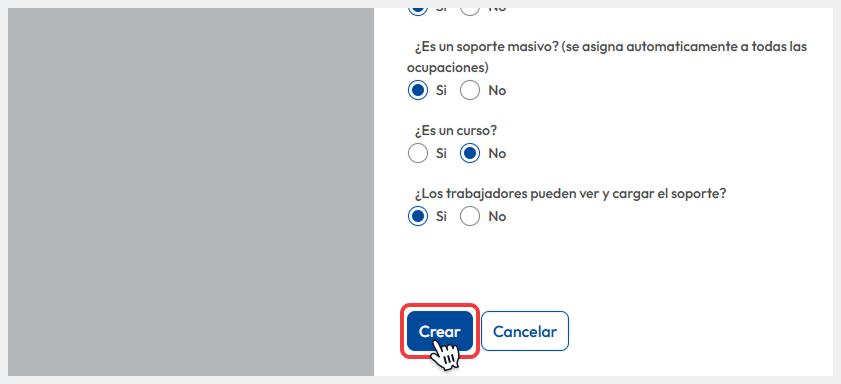 Se confirma la acción mediante el botón ‘Crear’.