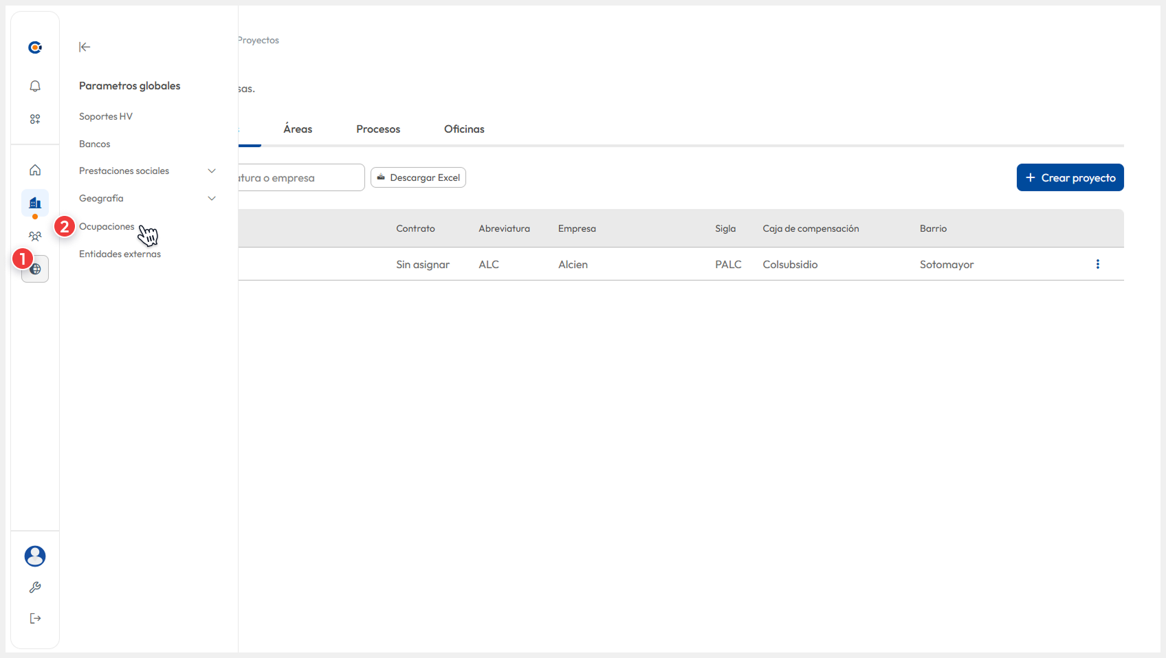 Vista de la barra de navegación lateral, donde el usuario accede a la ruta ‘Parámetros globales > Ocupaciones’