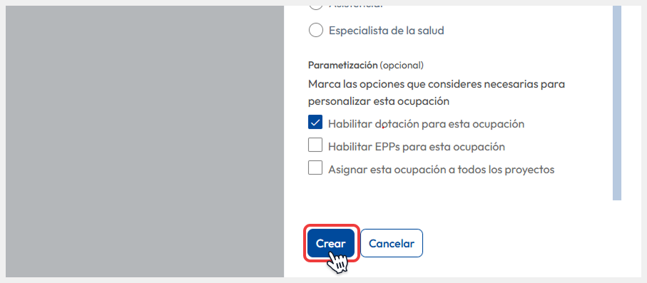 Se confirma la acción mediante el botón ‘Crear’.