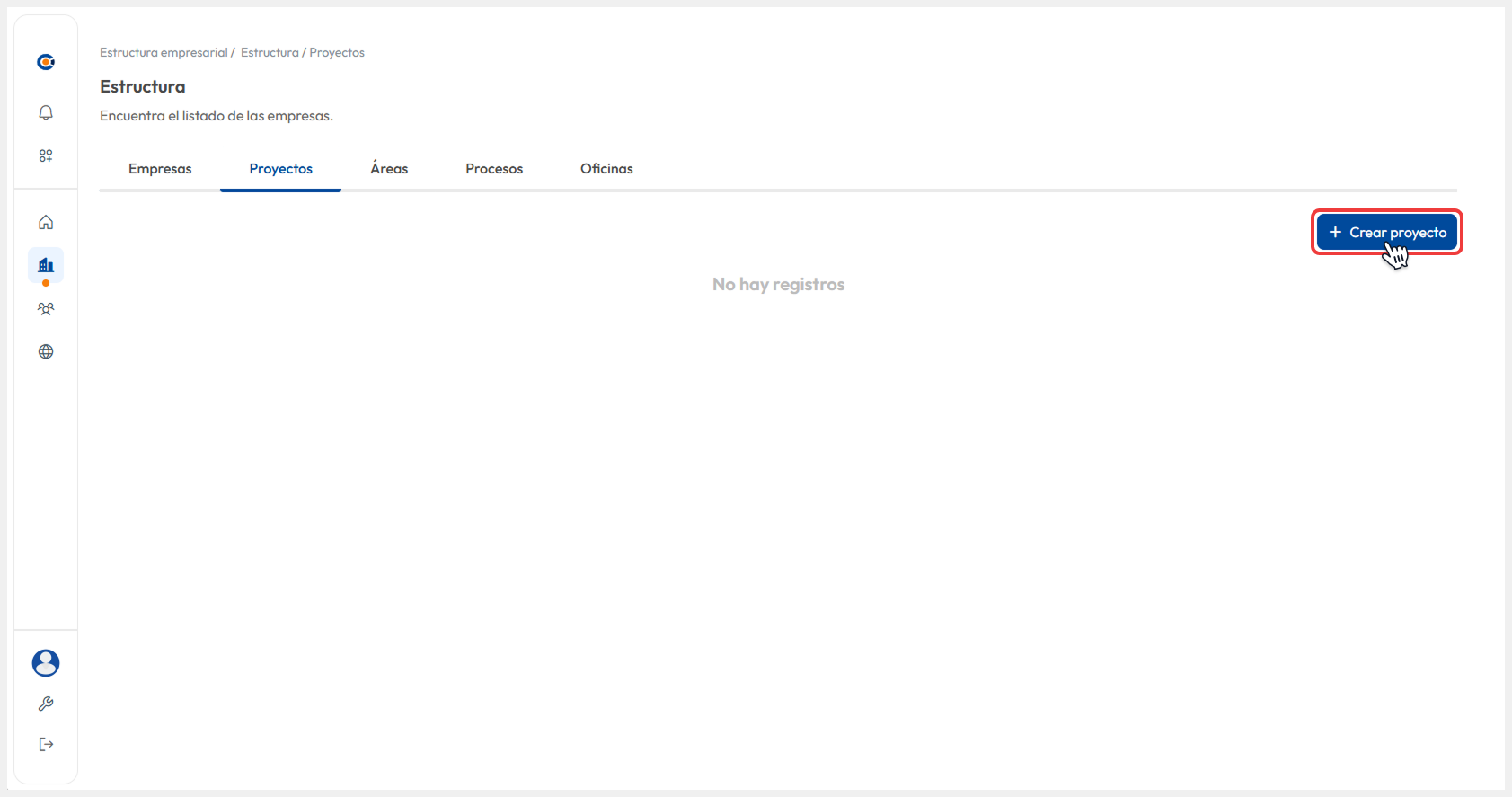 Vista de sección de Proyectos donde se selecciona el botón de ‘Crear proyecto’