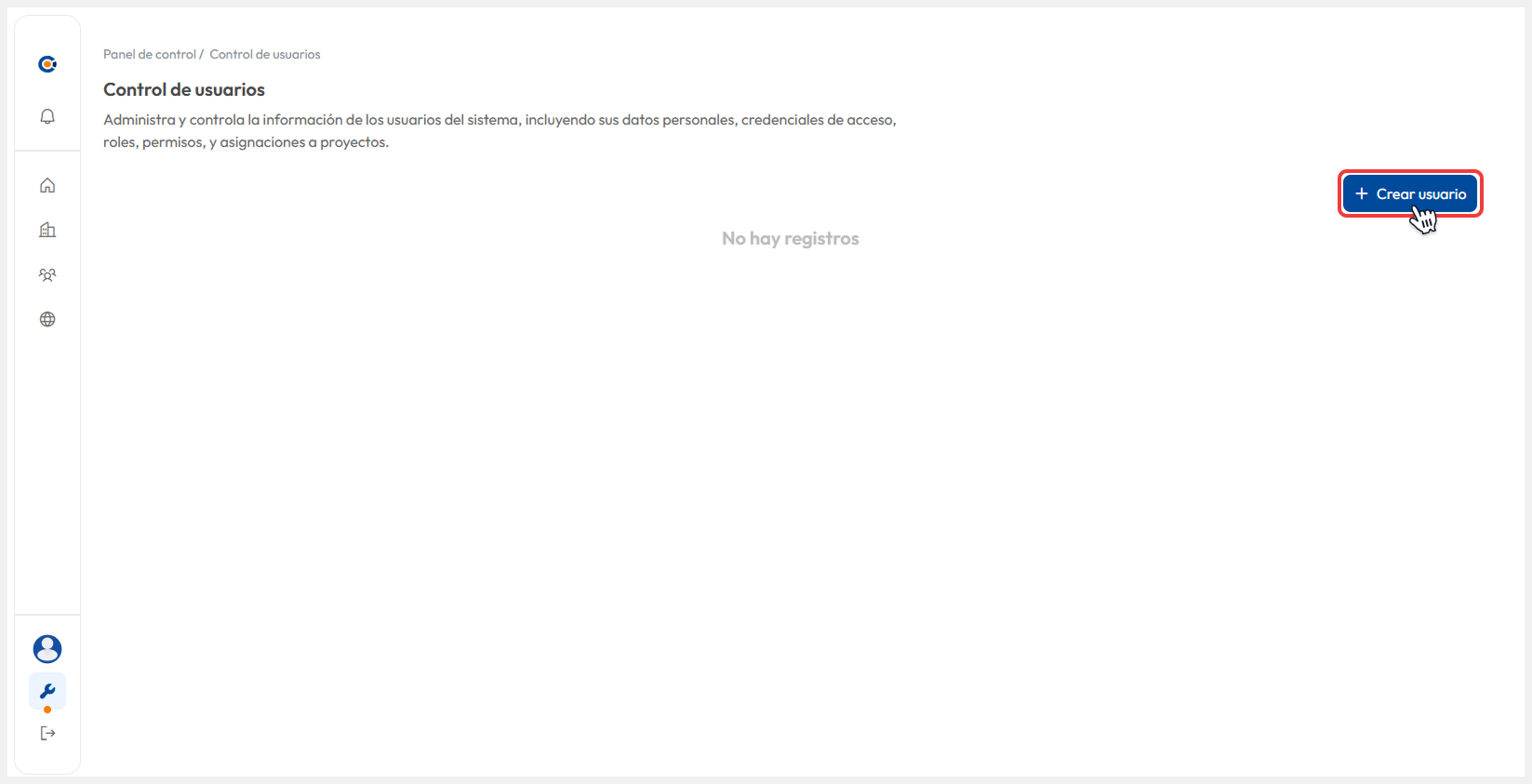 Vista de la sección de áreas donde se selecciona el botón de ‘Crear usuario’