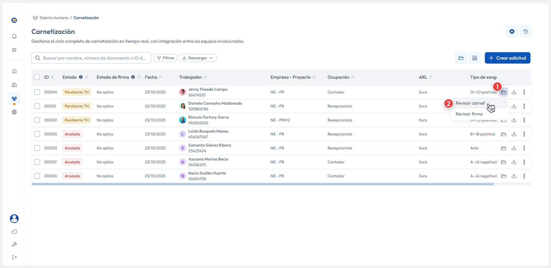 Vista principal apuntando al botón de Revisar > Revisar carnet