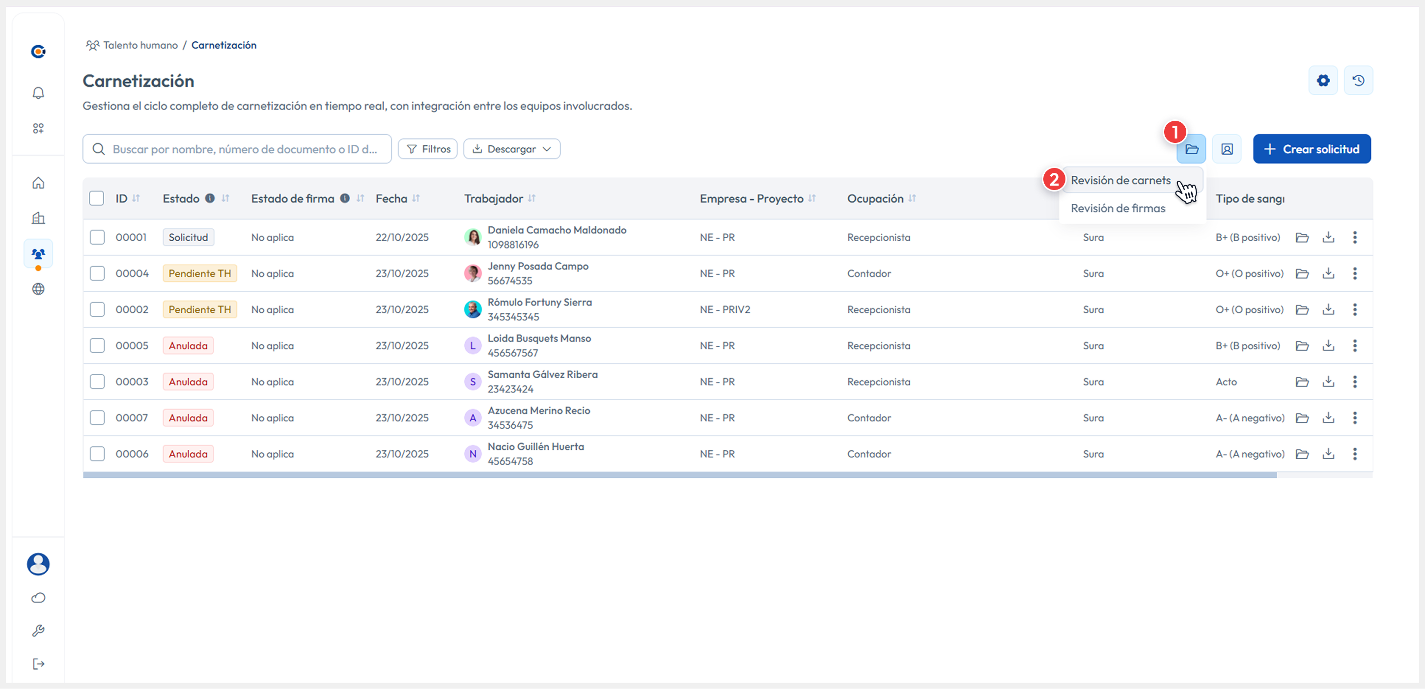 Vista principal apuntando al botón de Revisión general > Revisar carnets