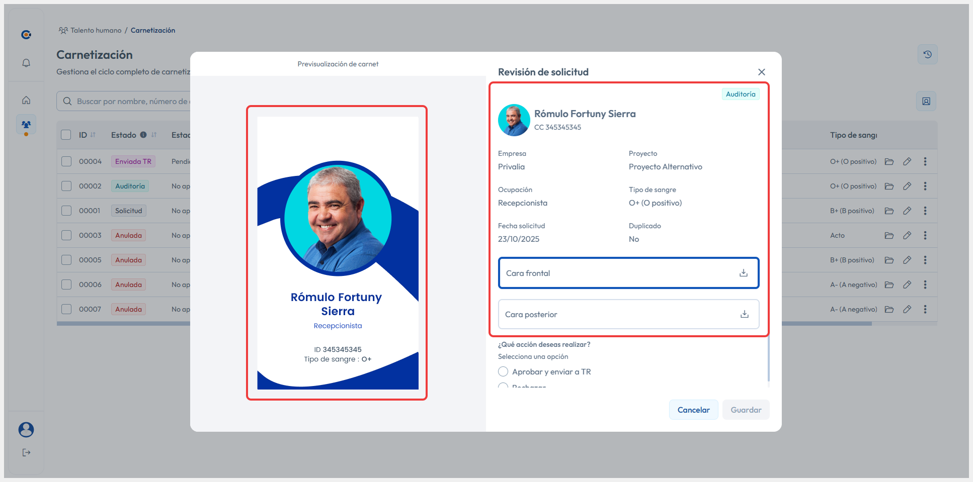 Vista principal apuntando al botón de Revisar > Revisar carnet