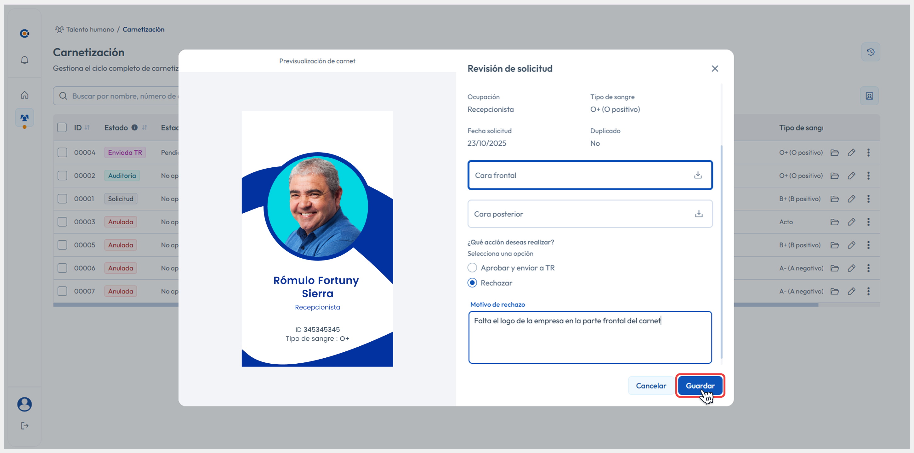 Vista principal apuntando al botón de Revisar > Revisar carnet