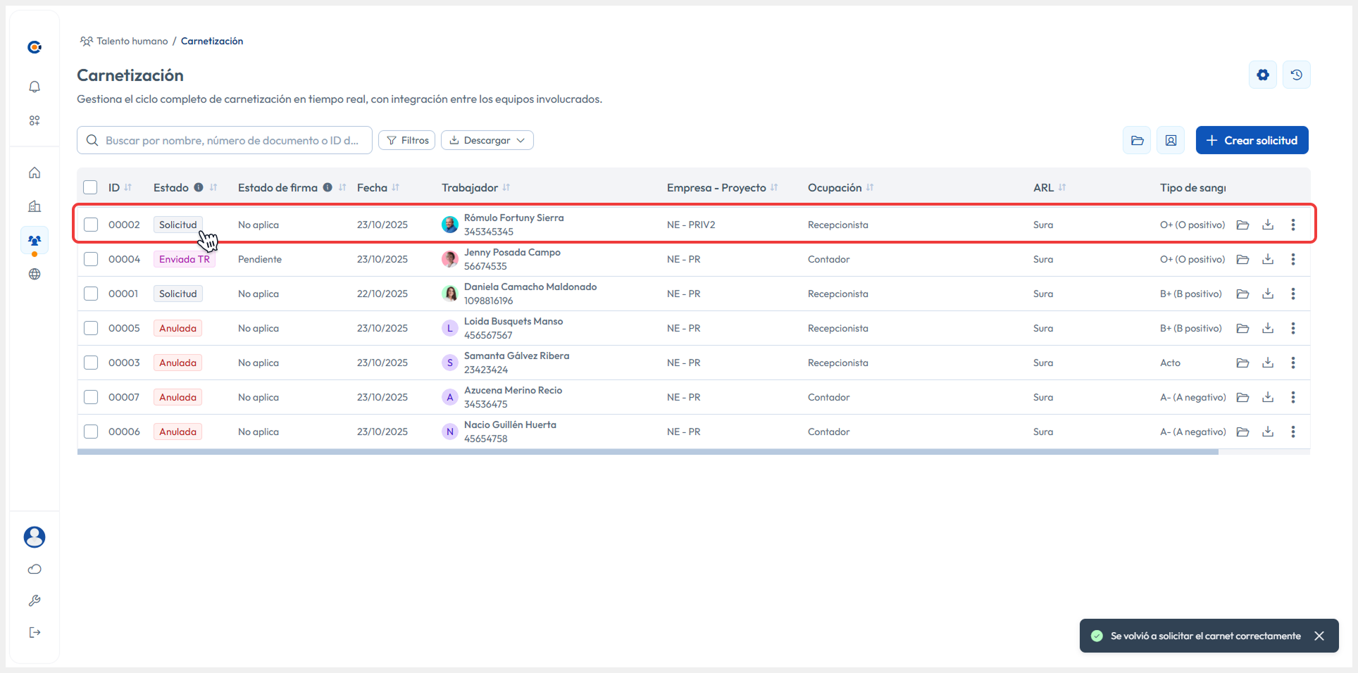 Vista del submódulo con el registro editado