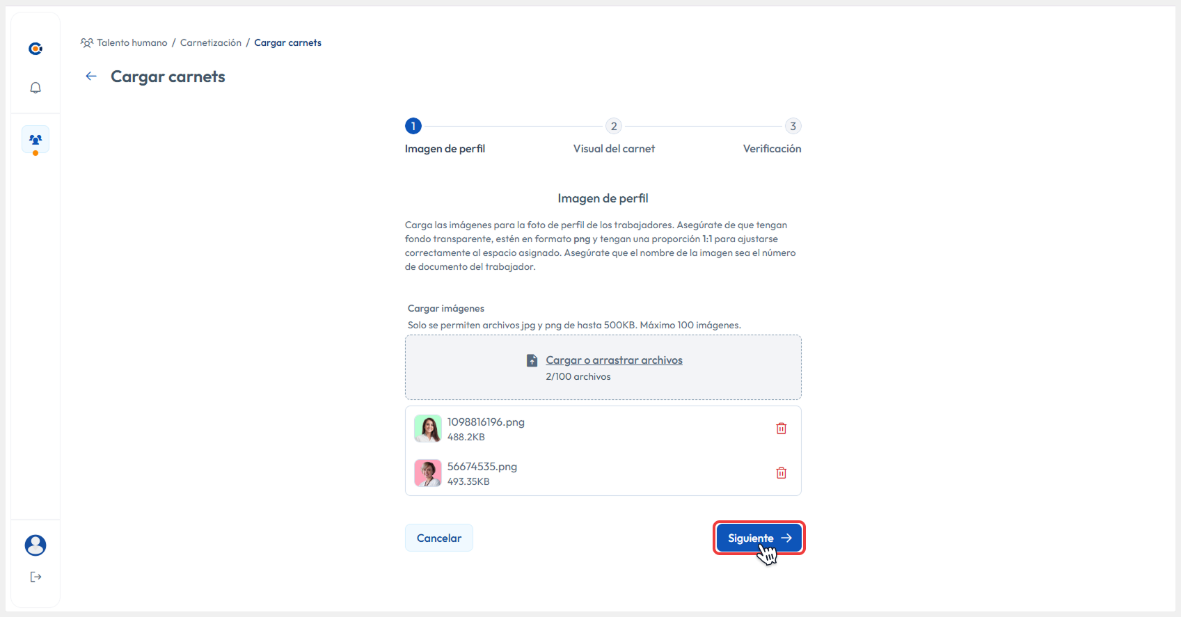 Vista de cargar de imágenes de perfil apuntando al botón de Siguiente