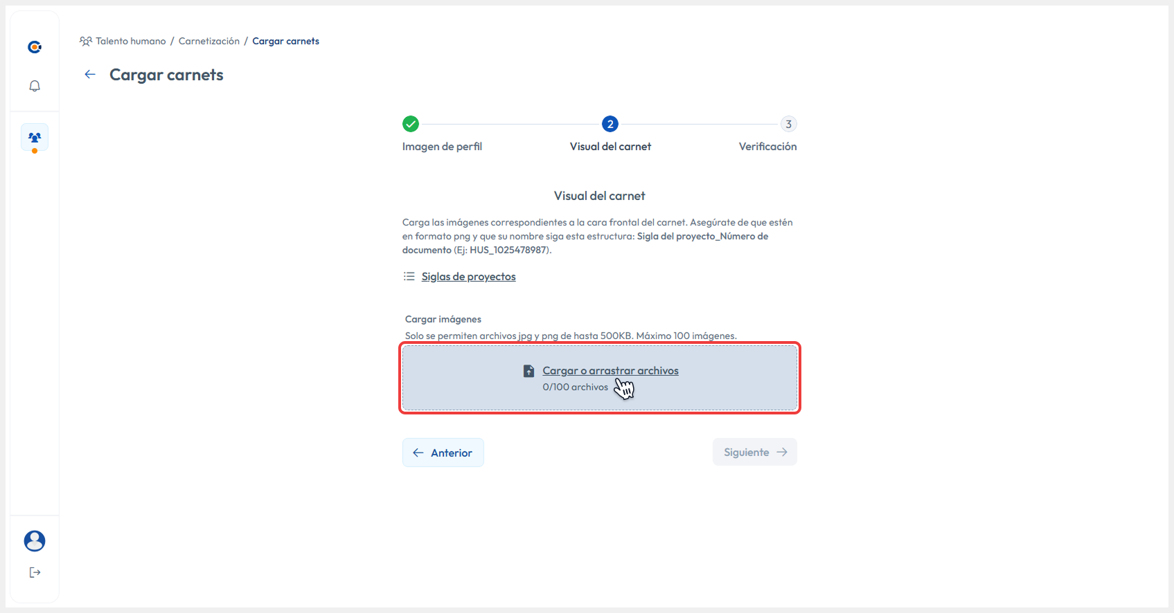 Vista de cargar de caras frontales de los carnets