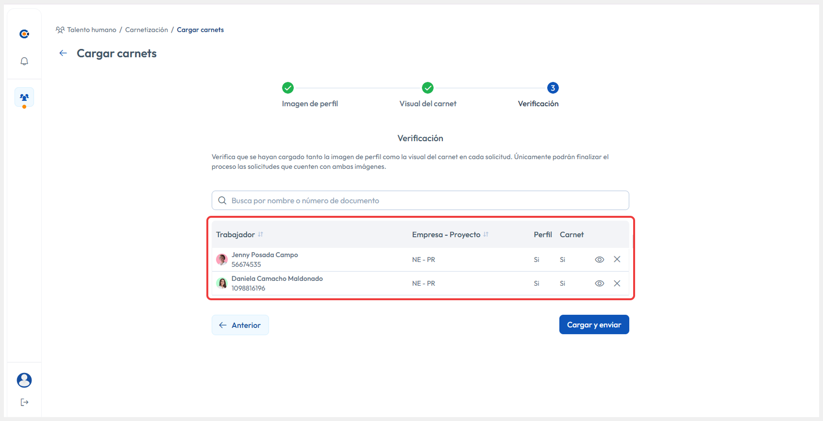 Vista de verificación de trabajadores