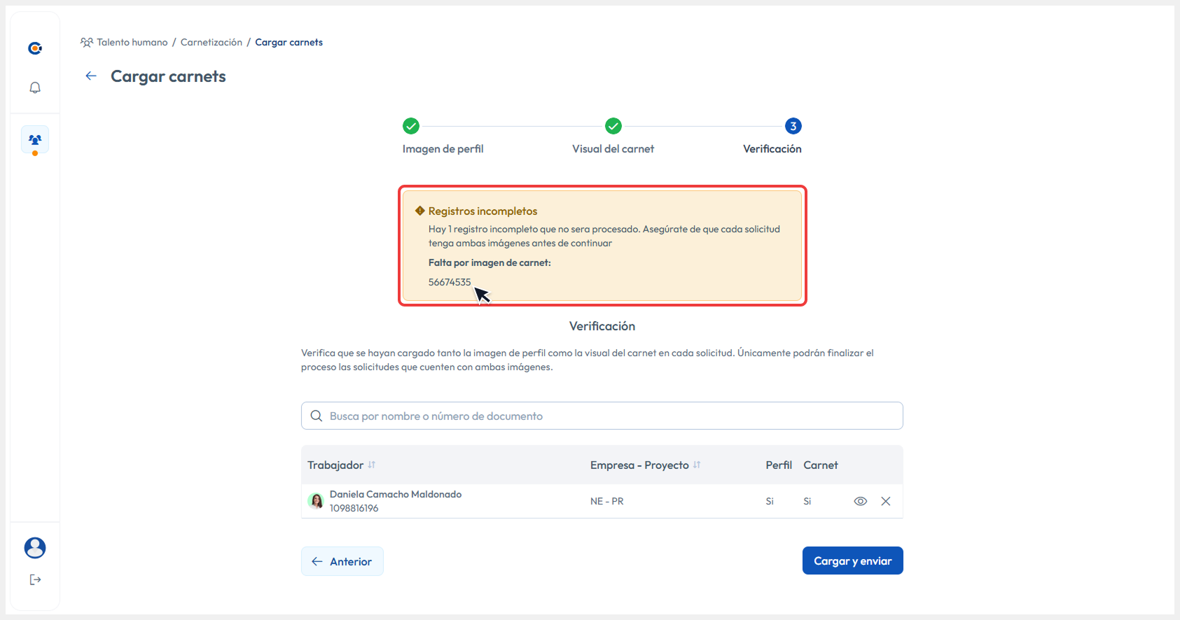 Vista de verificación de trabajadores apuntando al mensaje de advertencia
