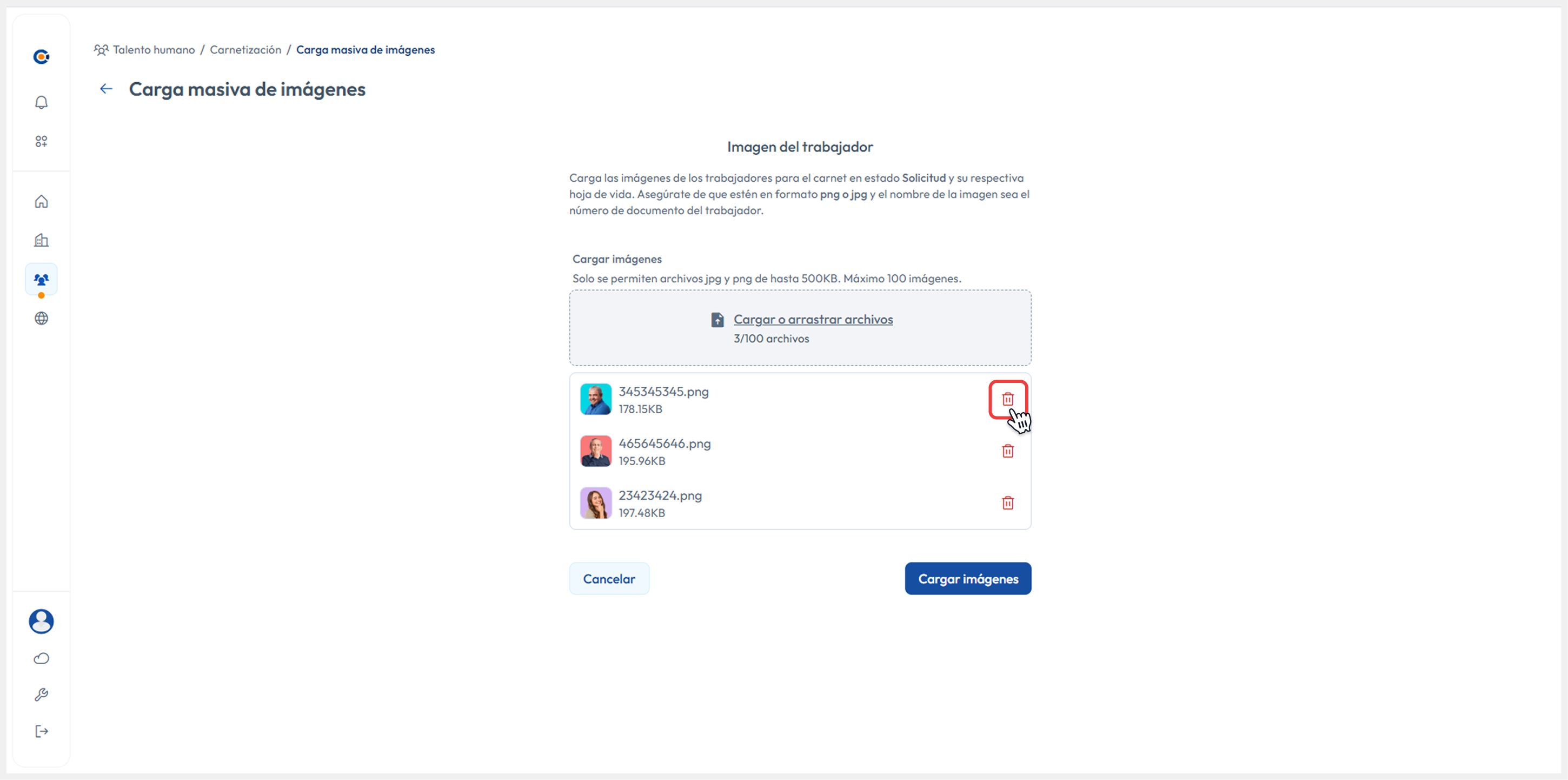 Apuntando al botón de eliminar