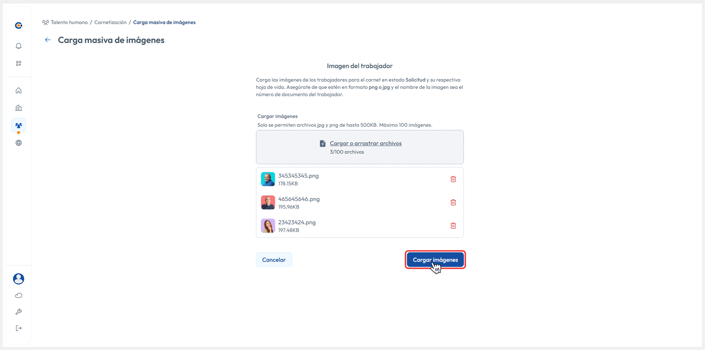 Vista de carga, apuntando al botón de Cargar imágenes